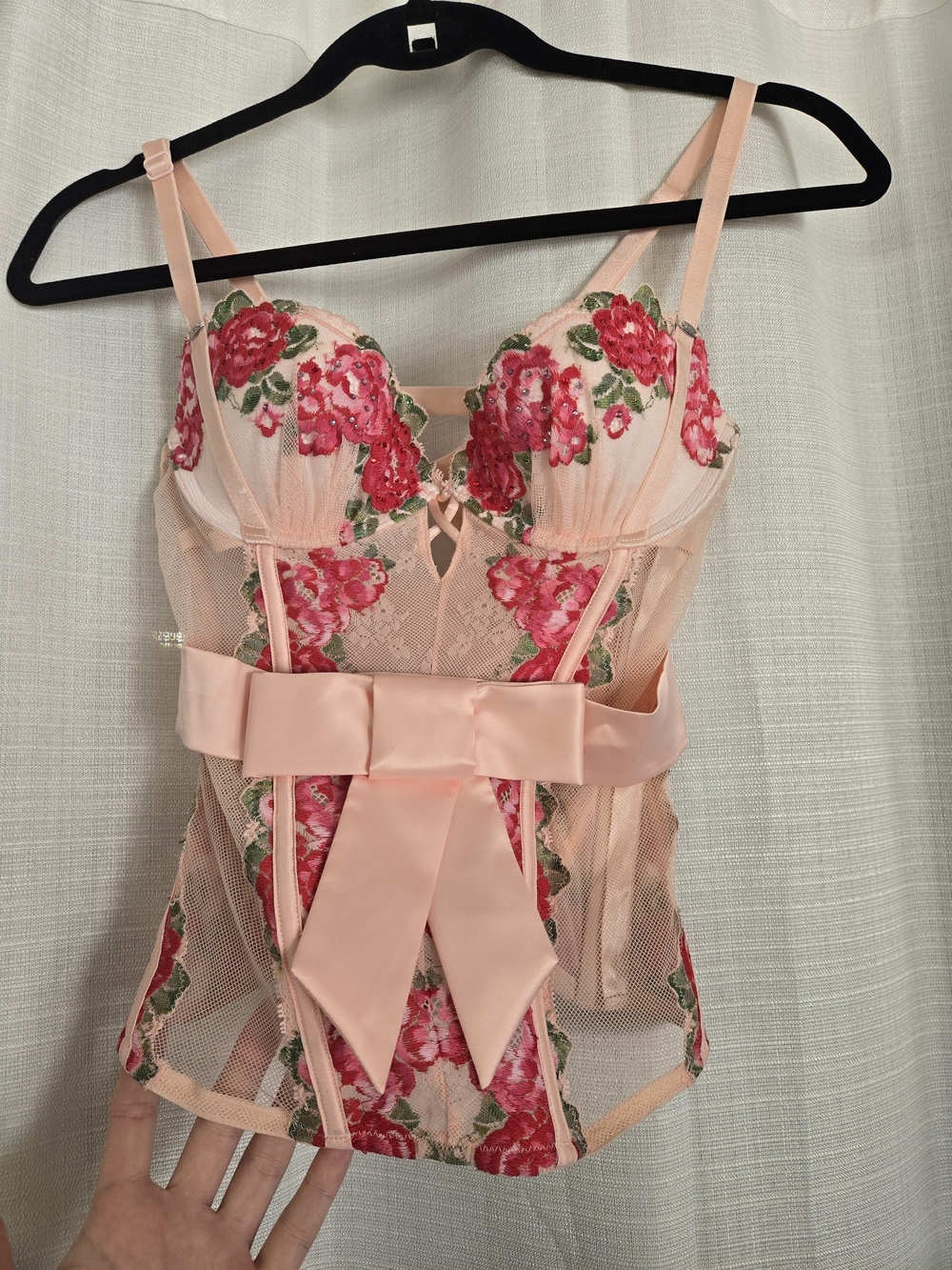 Victoria's Secret Delicate Pink Floral Lace Bustier with Satin Bow